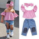 Pink Off Shoulder Top + Fishnet Denim Pants - Baby King Stores