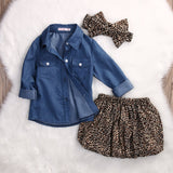 Denim Top + Cheetah Skirt & Headband 3Pcs Set - Baby King Stores