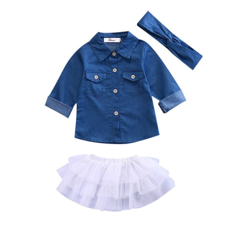 Denim Top + Ruffle Layered Skirt + Headband 3pcs Set - Baby King Stores