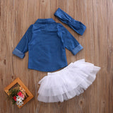 Denim Top + Ruffle Layered Skirt + Headband 3pcs Set - Baby King Stores