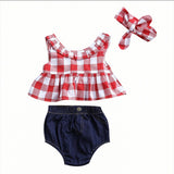 Red Plaid Top + Denim Shorts + Headband 3pcs Set - Baby King Stores