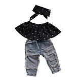 Polka Dot Top + Ripped Jeans 3Pcs Set - Baby King Stores